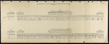 859458 Opstanden van de voor- en achtergevel en de zijgevels van het gezamenlijke stationsgebouw van de M.E.S.S. en de ...